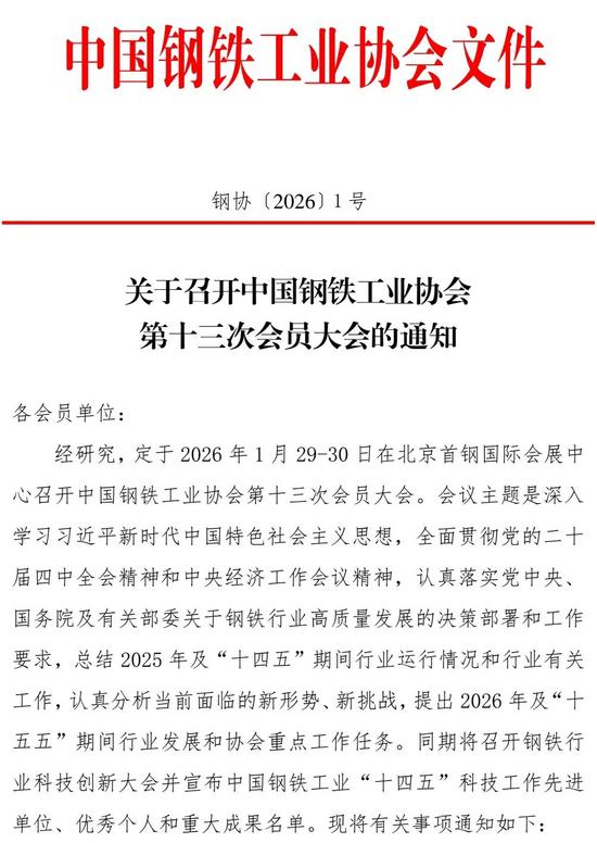 关于召开中国钢铁工业协会第十三次会员大会的通知